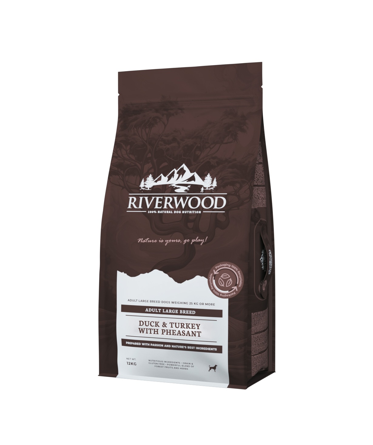 RW ALB 12 kg Side Riverwood Adult XL Eend & Kalkoen met Fazant voor grote honden, met extra grote brok en gewrichtsondersteuning.