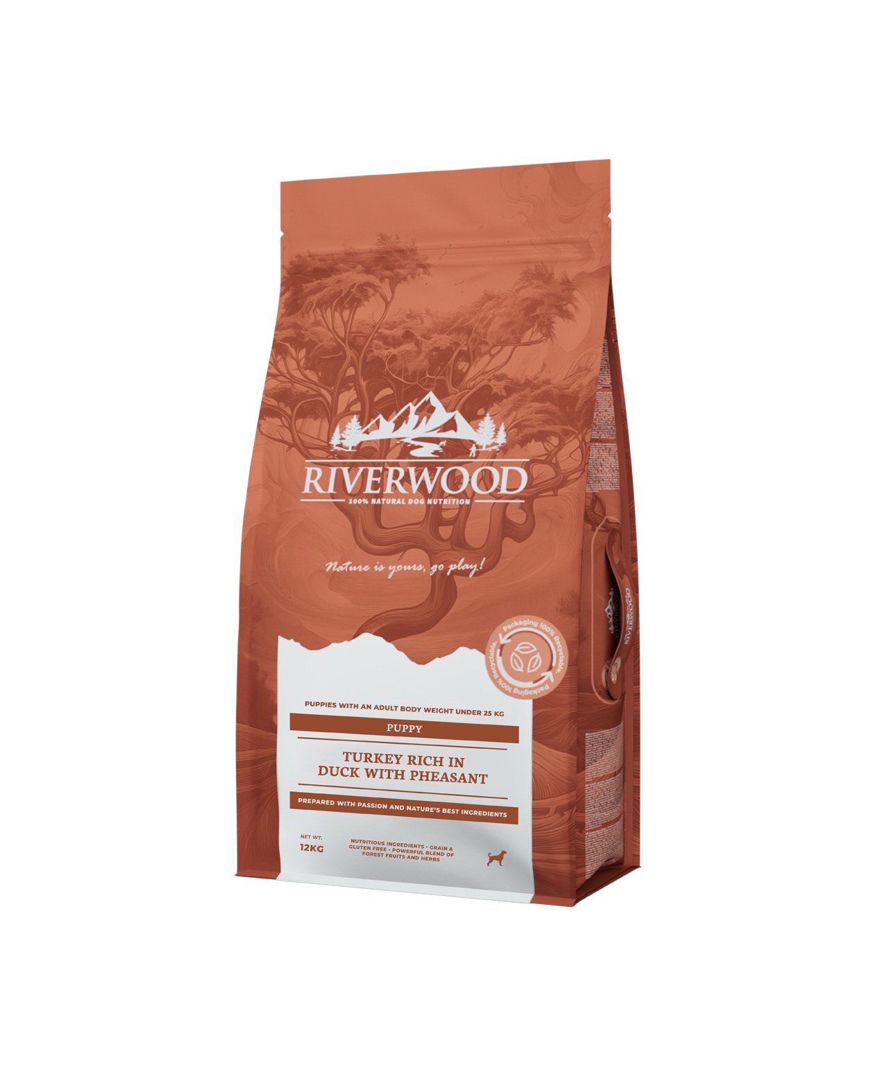 RW Puppy 12 kg Side Riverwood Puppy Kalkoen & Eend met Fazant is graanvrij puppyvoer dat een gezonde groei en ontwikkeling ondersteunt.