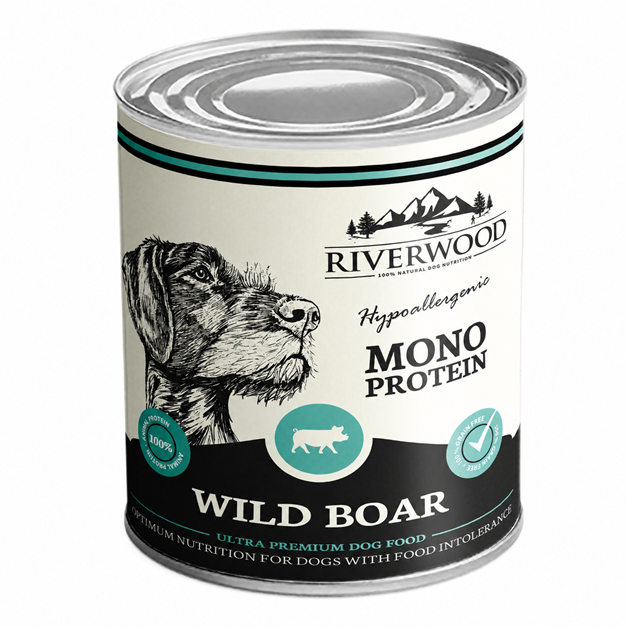 ChatGPT Image 15 mei 2026 11 23 40 Riverwood Wildzwijn Mono Proteïne 400 g is hypoallergeen natvoer met één eiwitbron, ideaal voor honden met voedselintoleranties.