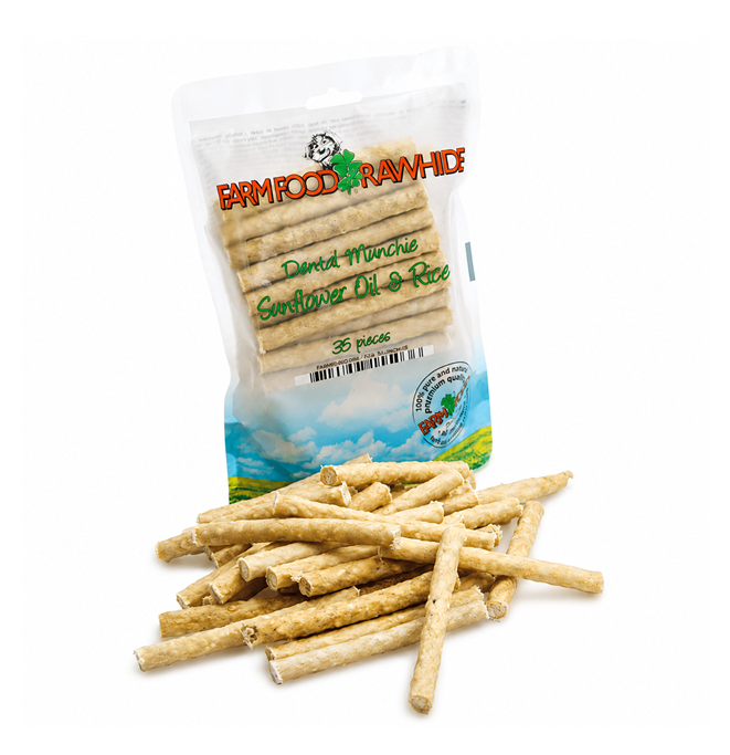cf4458e9 c4c4 4988 914b 8fd4e4f76b92 Farm Food Dental Munchie Sunflower Oil & Rice ondersteunt een schoon gebit met natuurlijk kauwplezier.