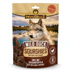 Wolfsblut Squashies Wild Duck 300 g zijn zachte, graanvrije monoproteïne hondensnacks met eend en zoete aardappel.