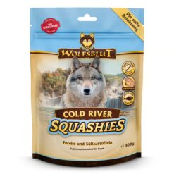 Wolfsblut Squashies Cold River 300 g zijn zachte, graanvrije hondensnacks met forel en zoete aardappel, ideaal als lekkere beloning.