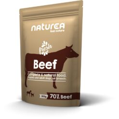 Naturea Beef 300gr is complete graanvrije natvoeding met dierlijke eiwitten als hoofdingrediënt, voor puppy’s en volwassen honden.