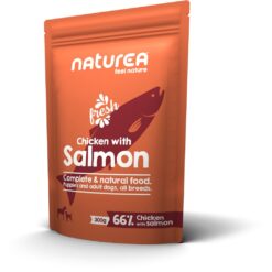 Naturea Chicken with Salmon 300gr is complete graanvrije hondenvoeding met kip, zalm en verse ingrediënten. Voor puppy's en volwassen honden.