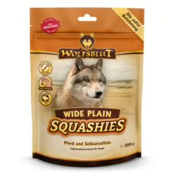Wolfsblut wide plain squashies 300 g zijn zachte, graanvrije hondensnacks met paard en zoete aardappel, ideaal voor gevoelige honden.