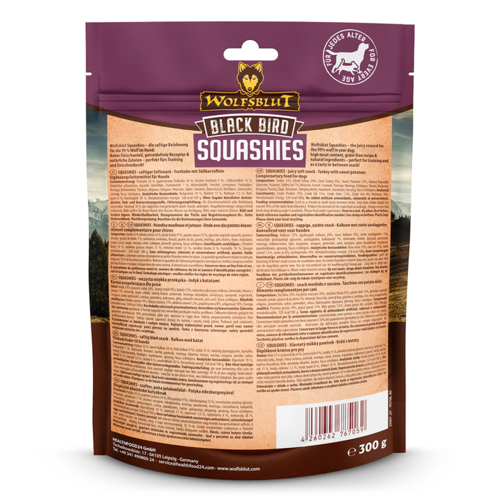 Wolfsblut Squashies Black Bird 300 g zijn zachte, graanvrije hondensnacks met kalkoen en zoete aardappel voor een lekkere beloning.
