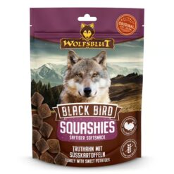 Wolfsblut Squashies Black Bird 300 g zijn zachte, graanvrije hondensnacks met kalkoen en zoete aardappel voor een lekkere beloning.