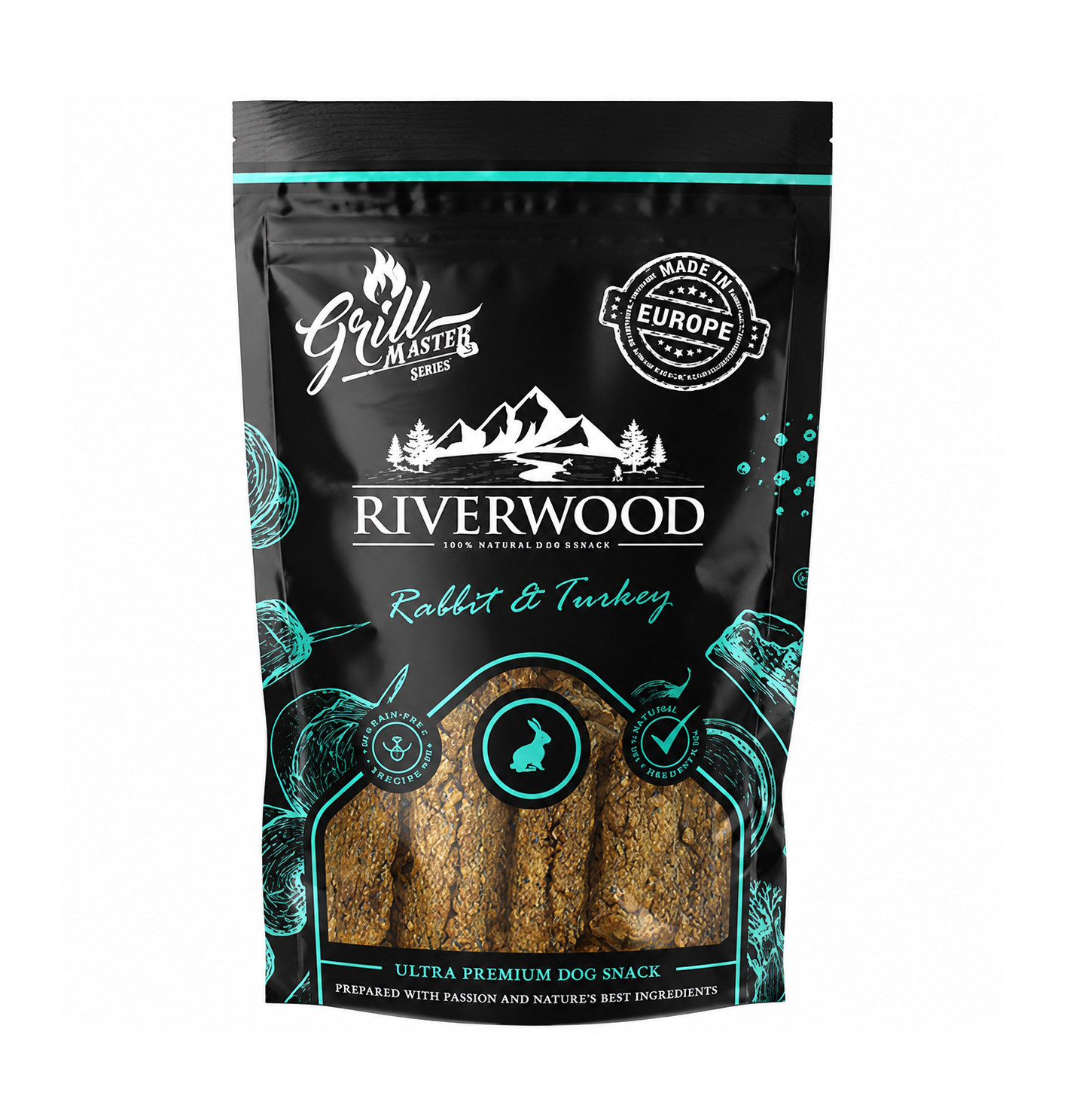 ChatGPT Image 1 sep 2026 18 15 08 Riverwood Grillmaster Konijn & Kalkoen 100g is een hypoallergene, graanvrije hondensnack met maar liefst 97% vlees.