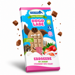 Cold & Dog Dogolade Strawberry 100 gram is heerlijke hondenchocolade met aardbei en yoghurt. Zonder cacao, glutenvrij en met vitamines.