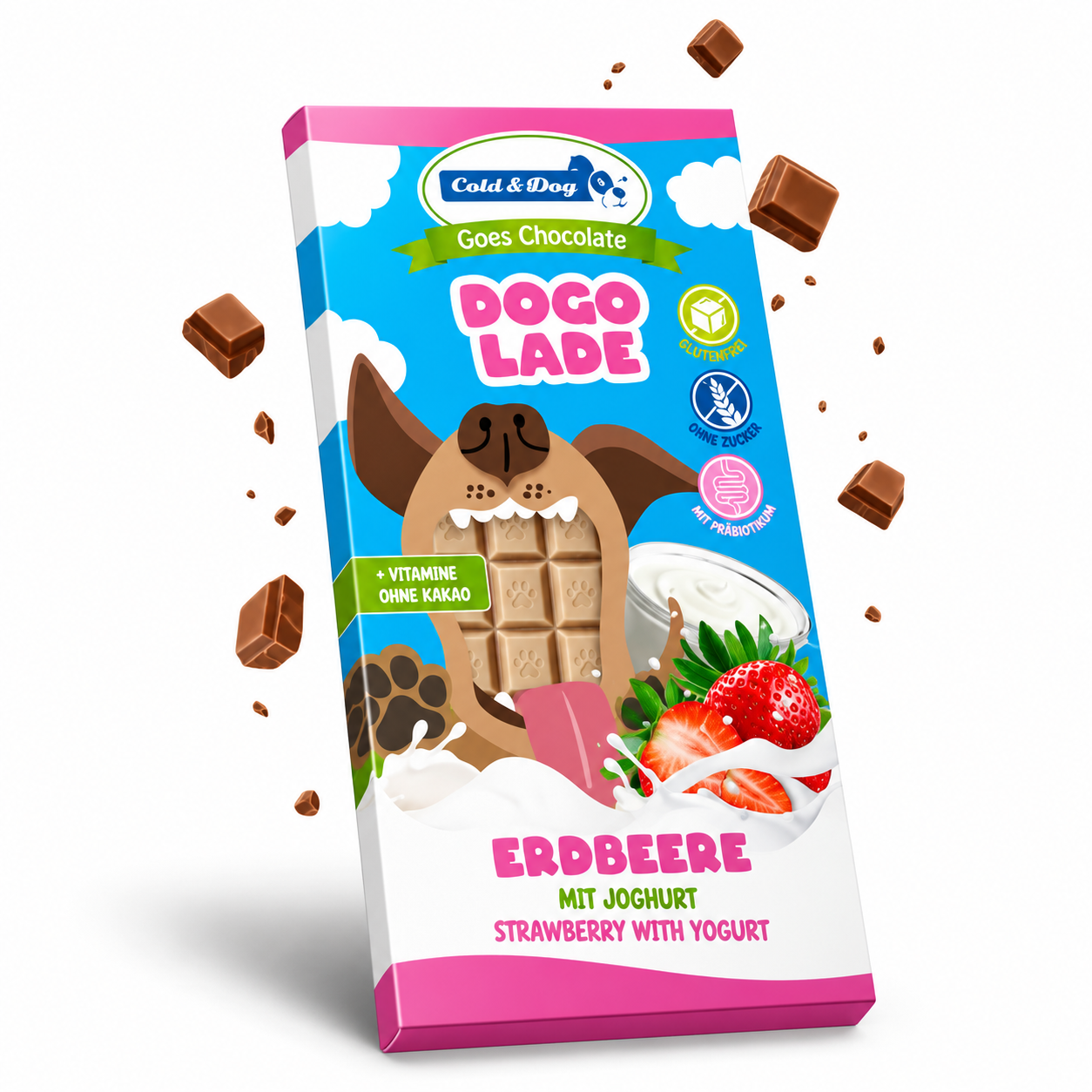 7d00df24 5d9b 49af bd75 f5deaedce90f Cold & Dog Dogolade Strawberry 100 gram is heerlijke hondenchocolade met aardbei en yoghurt. Zonder cacao, glutenvrij en met vitamines.