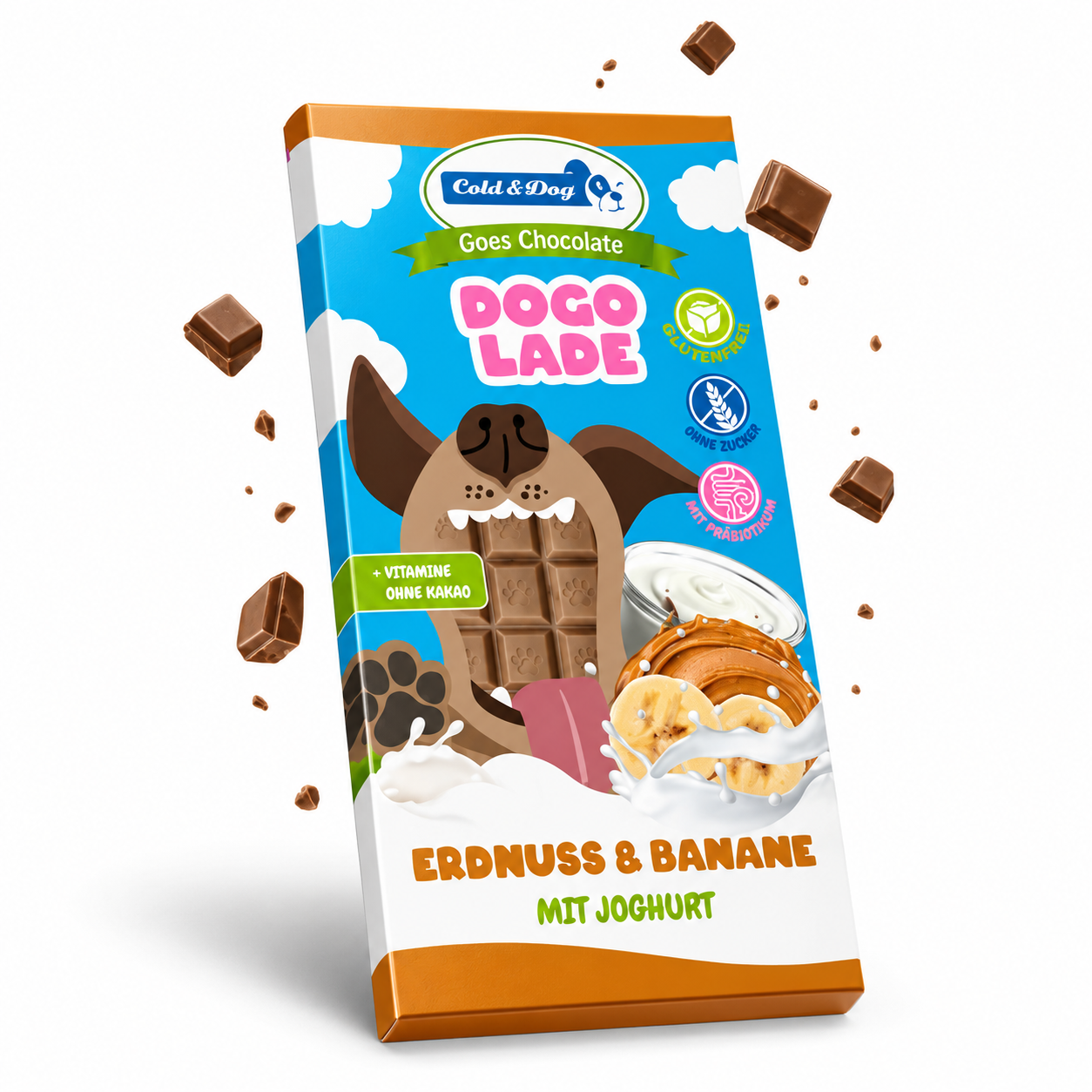 95e94215 42c1 4267 9946 83518f4b7d41 Cold&Dog Dogolade Peanut 100 gram is heerlijke hondenchocolade met pinda en banaan. Zonder cacao, glutenvrij en met vitamines.